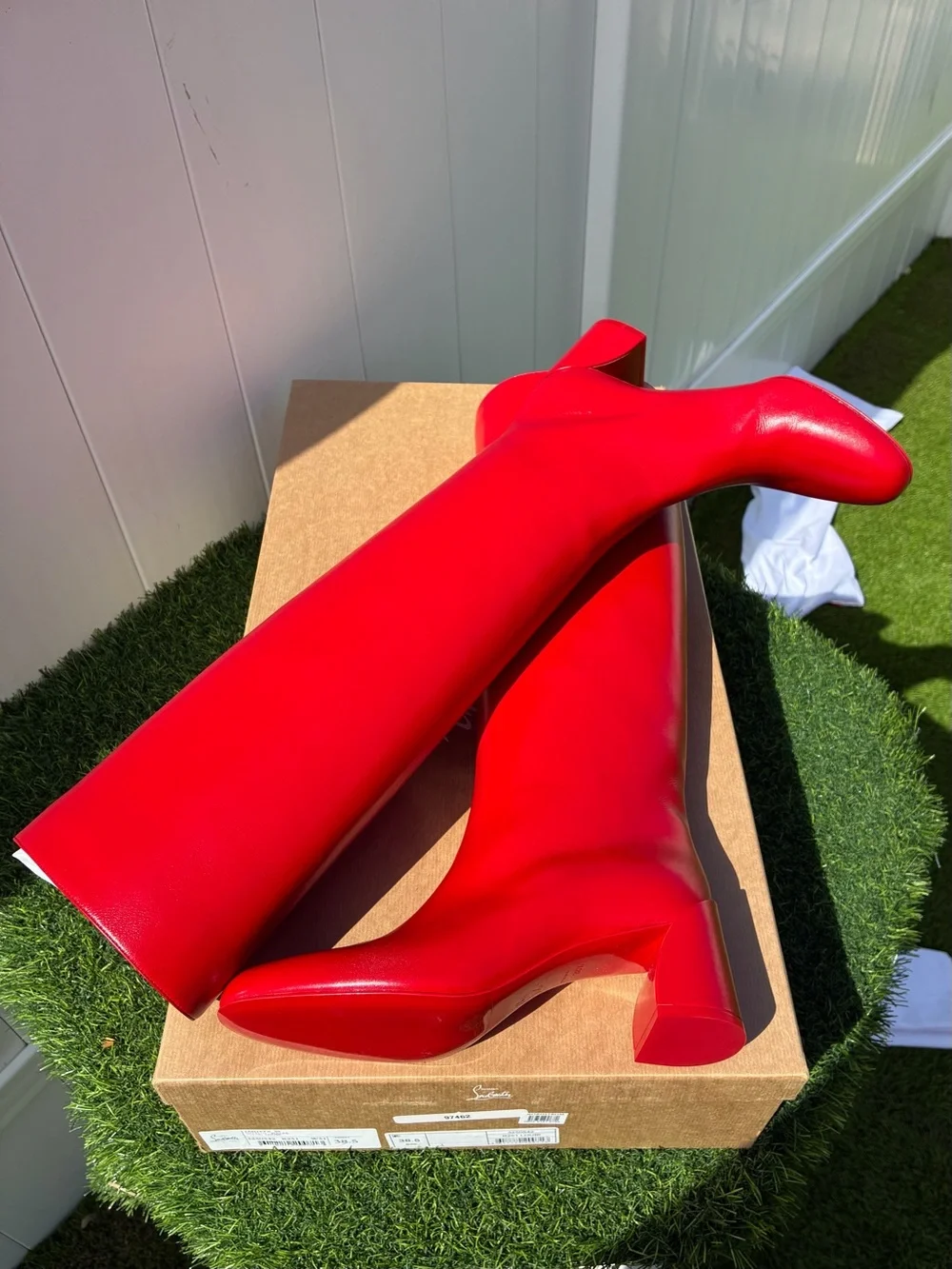 CHRISTIAN LOUBOUTIN JANITTA 55 RED LEATHER BLOCK HEEL KNEE-HIGH BOOTS SZ 38.5